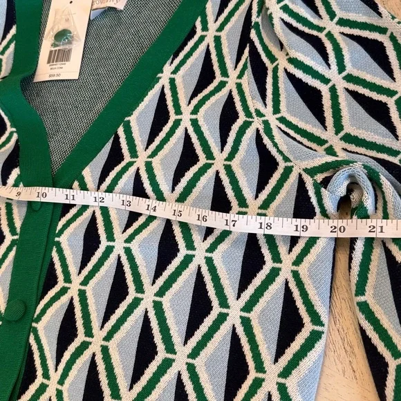 NWT crown & ivy Green, Navy, White Geometric Knit Cardigan - Picture 8 of 9